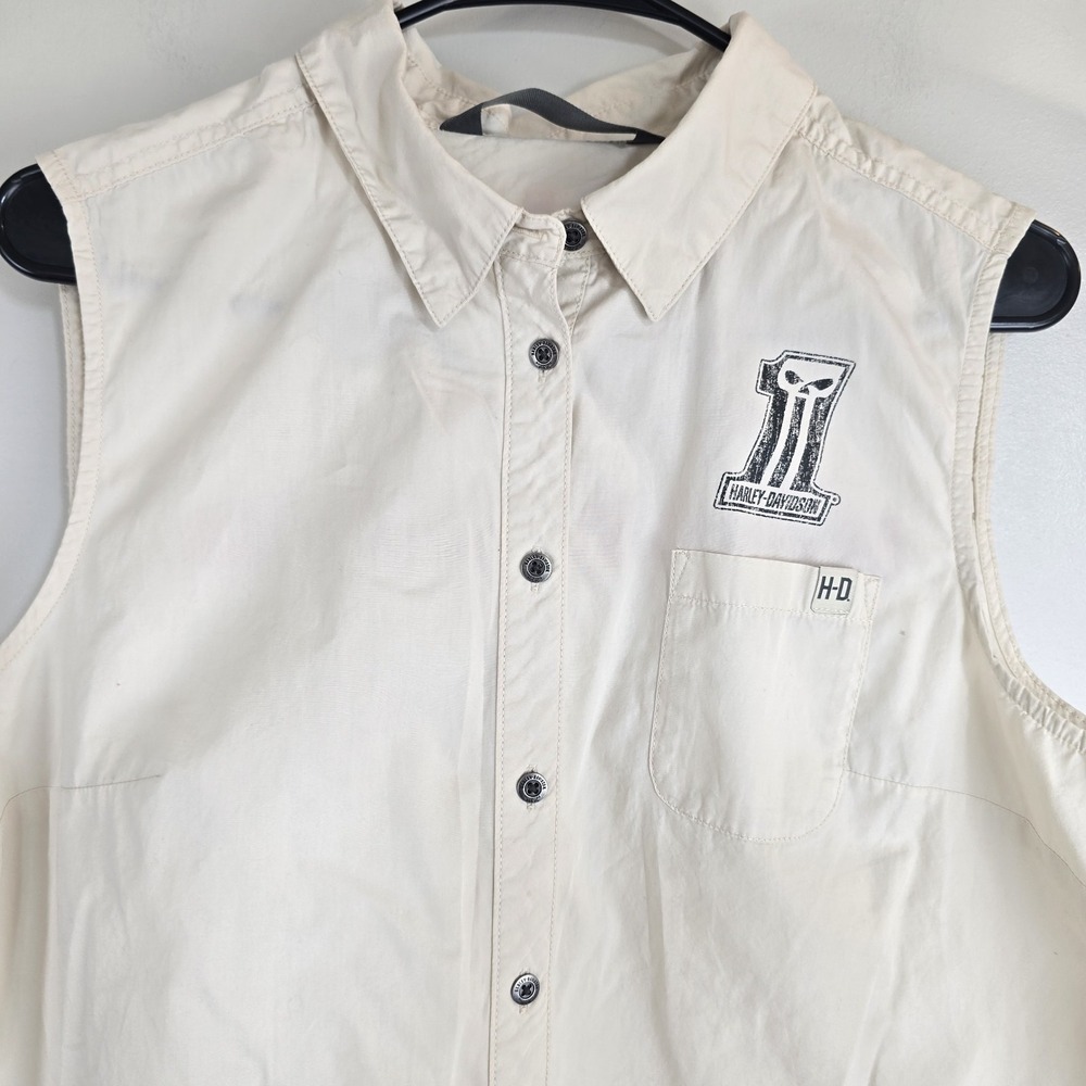Harley Davidson Womens Sleeveless Motorcycle Collared Shirt Large Off White.C133 - Picture 3 of 13